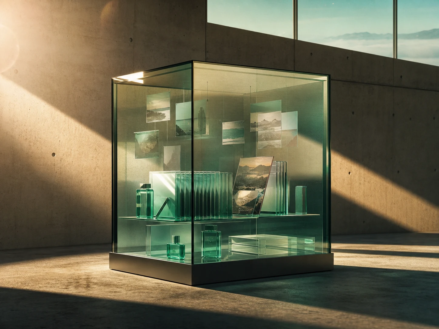 Glass vault protecting brand assets in a sunlit studio